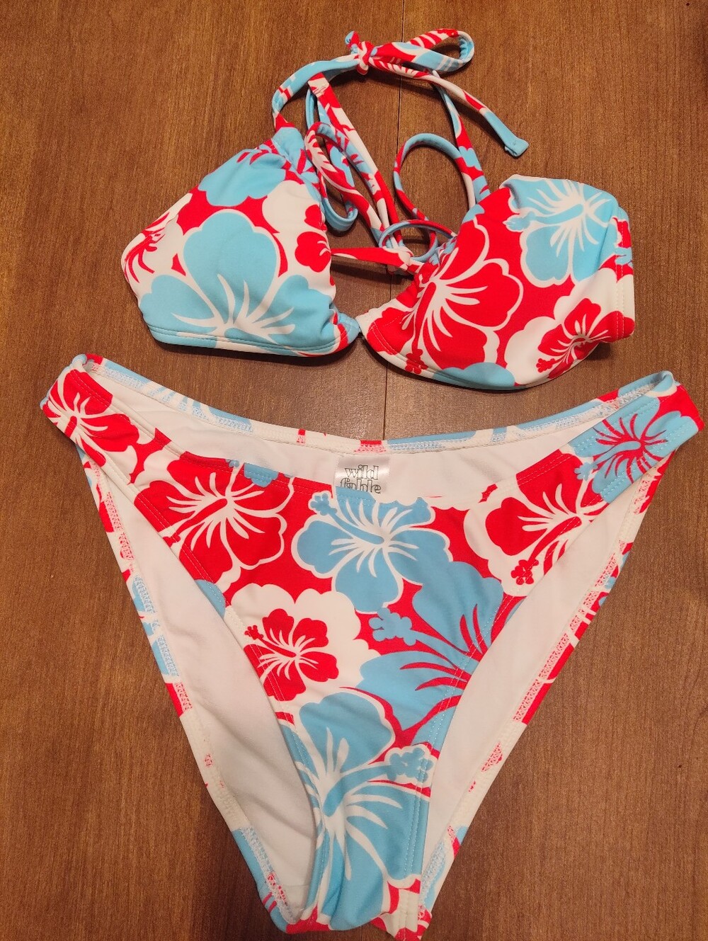 wild fable Red, Light Blue & White Floral Halter Bikini